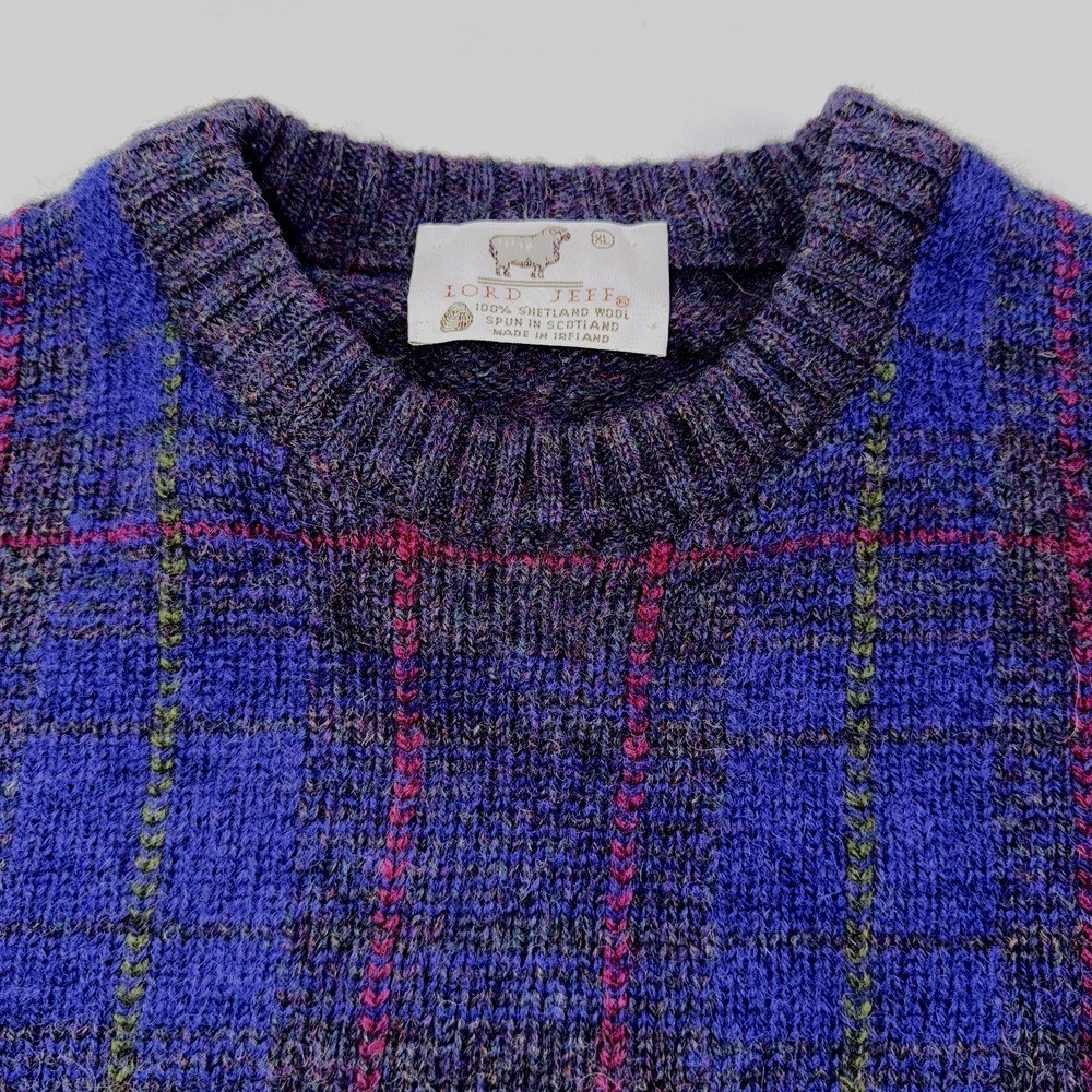 Vtg Lord Jeff Wool Sweater Men's XL Made in Ireland Blue w/ Multi Color Stripes